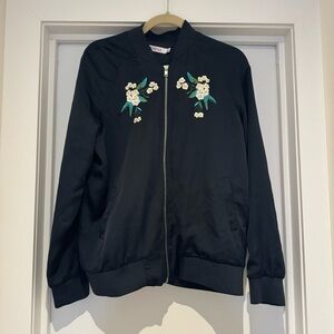 JustFab Black Bomber Jacket with Floral Embroidery